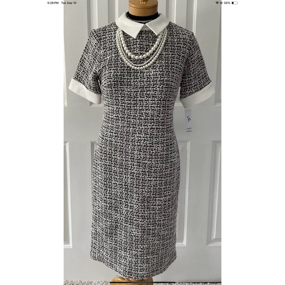 SHELBY & PALMER Dress Black White Polka Tweed Collared Pearl Necklace Sz 6